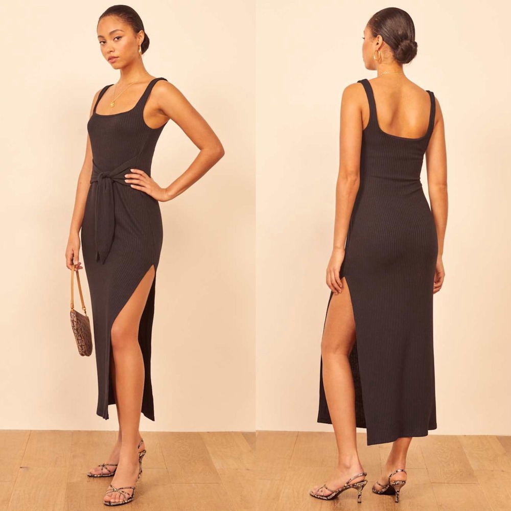 Reformation Hosby Black Ribbed Tie Front Sleeveless Dress Side Slit Sz Small